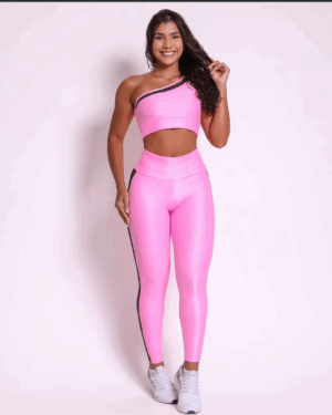 Conjunto Fitness Rosa com Legging Compressão Textura Corrida