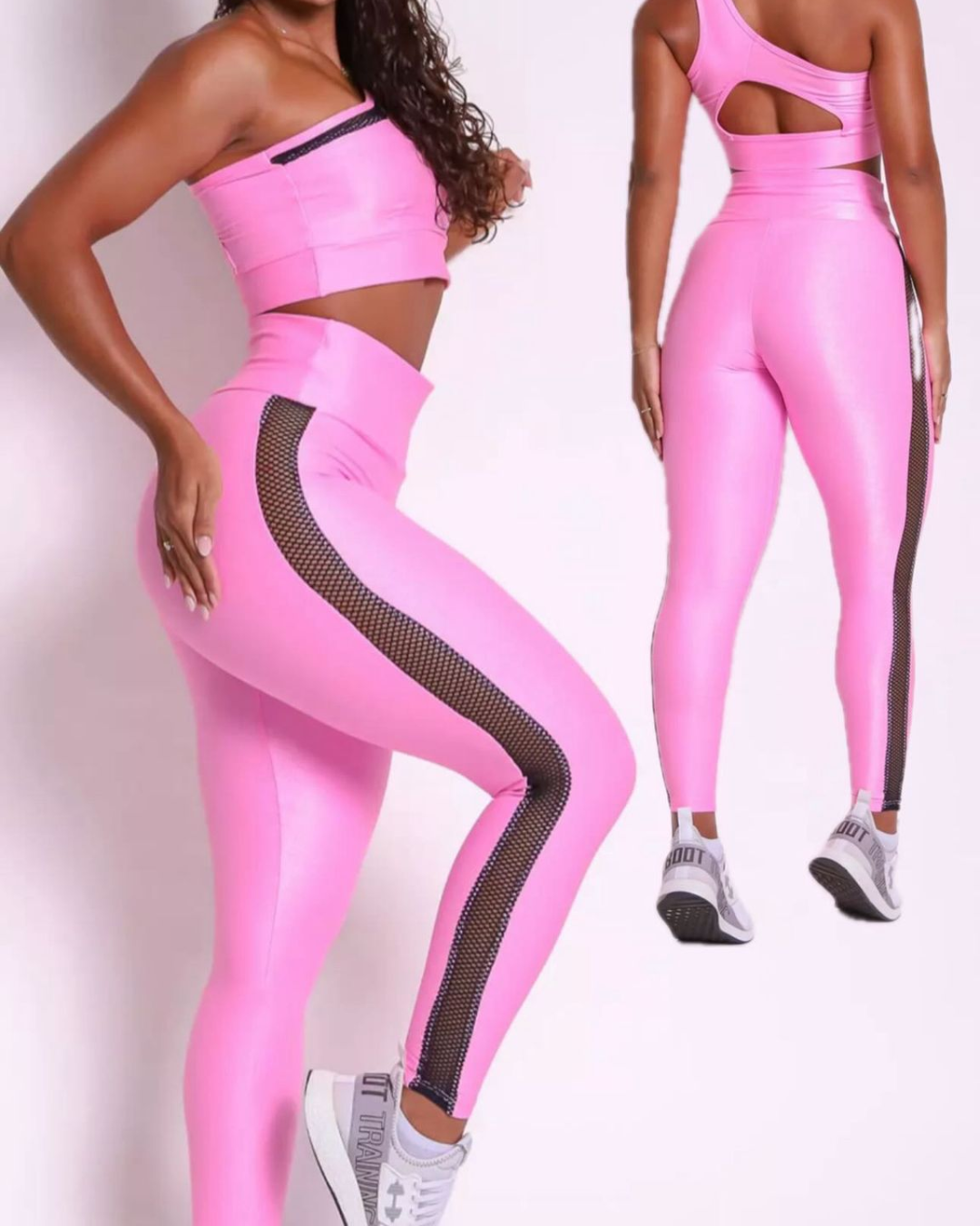 Conjunto Fitness Rosa com Legging Compressão Textura Corrida - Imagem 3