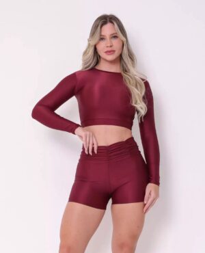 Conjunto Fitness Bermuda Vinho Compressão Texturizado