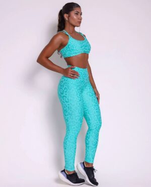 Conjunto Fitness Onça Turquesa com Top Cruzado Compressão