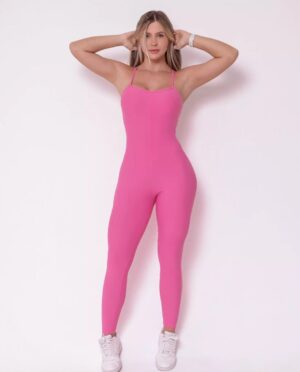 Macacão Fitness Rosa com Alças Largas