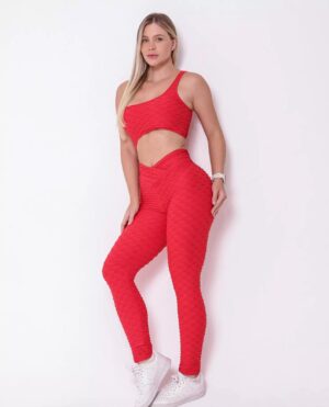 Macacão Fitness Vermelho Texturizado com Top e Legging