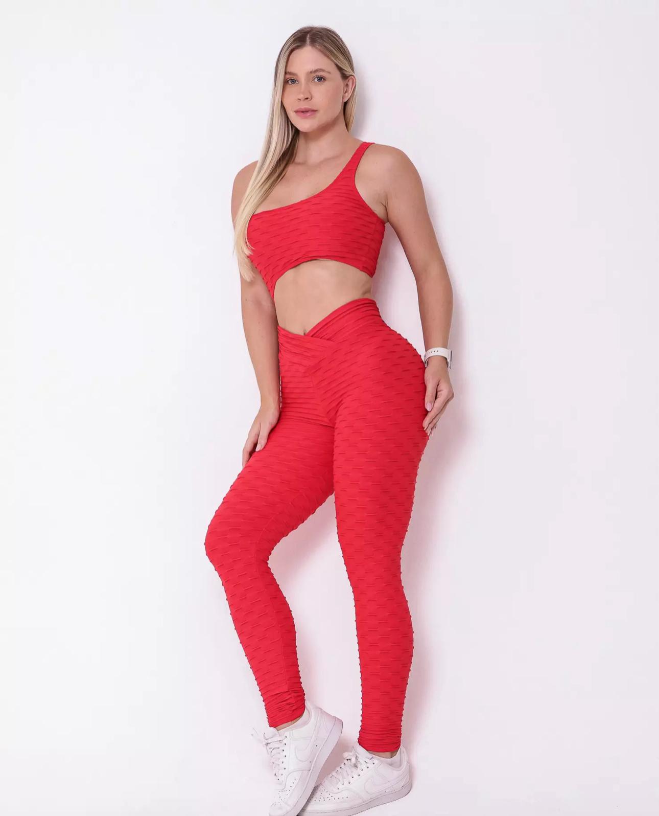 Macacão Fitness Vermelho Texturizado com Top e Legging