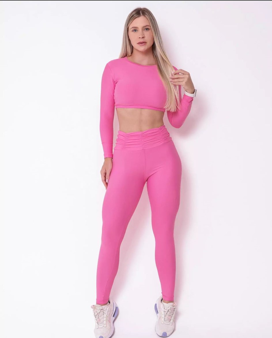 Conjunto Fitness Rosa Manga Longa com Legging Cintura Alta Light