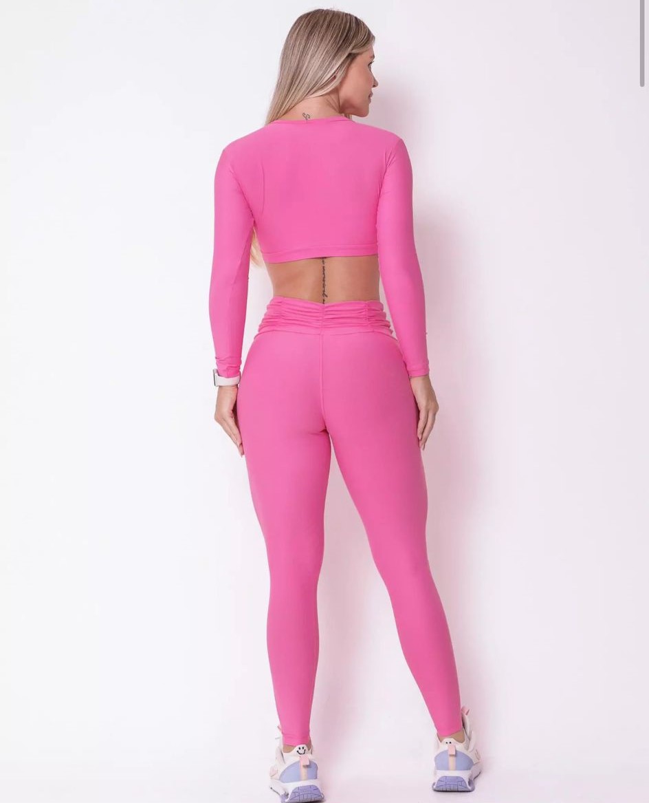 Conjunto Fitness Rosa Manga Longa com Legging Cintura Alta Light - Imagem 3