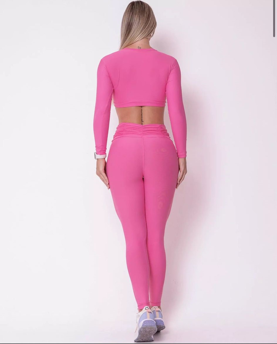 Conjunto Fitness Rosa Manga Longa com Legging Cintura Alta Light - Imagem 4