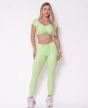 Conjunto Fitness Verde-Limão com Top Amarrado e Legging Cintura Alta Light