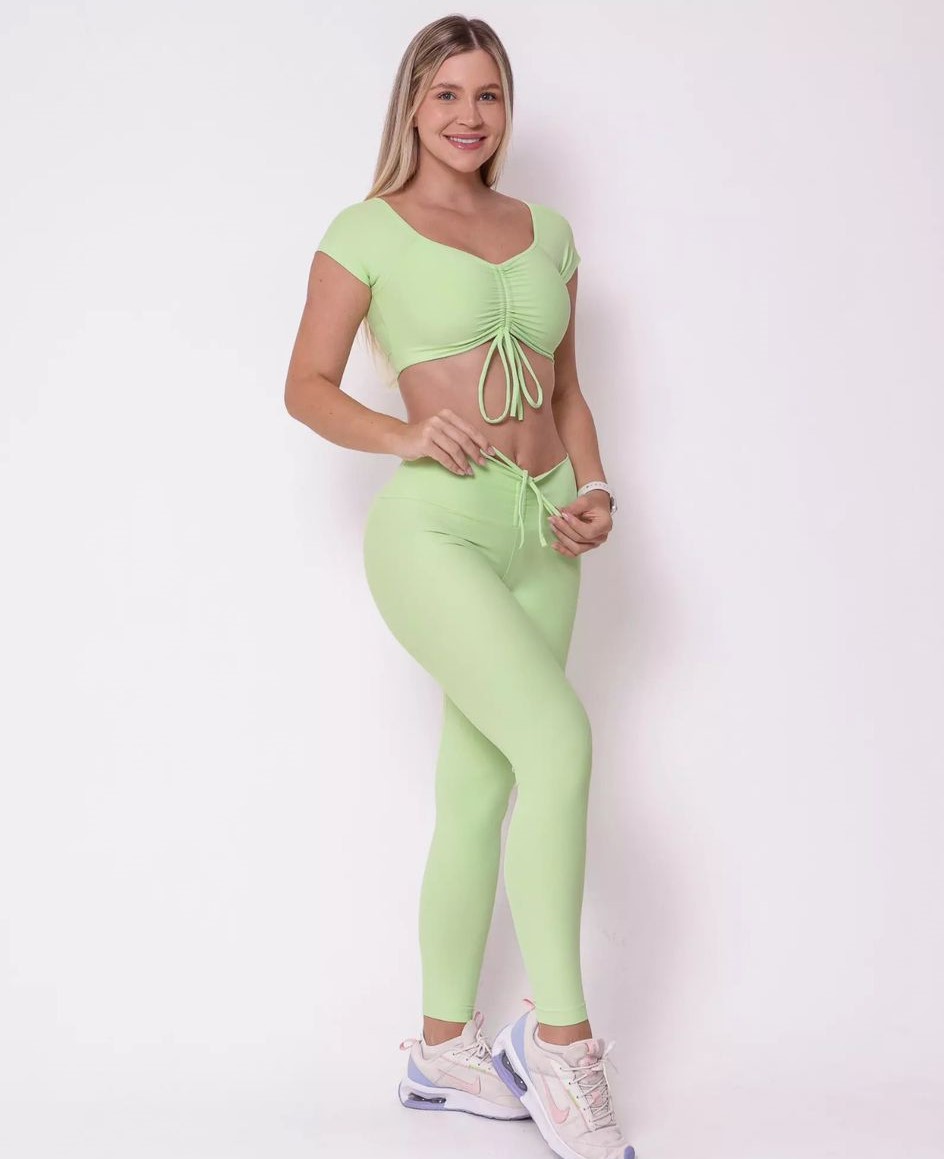 Conjunto Fitness Verde-Limão com Top Amarrado e Legging Cintura Alta Light - Imagem 2