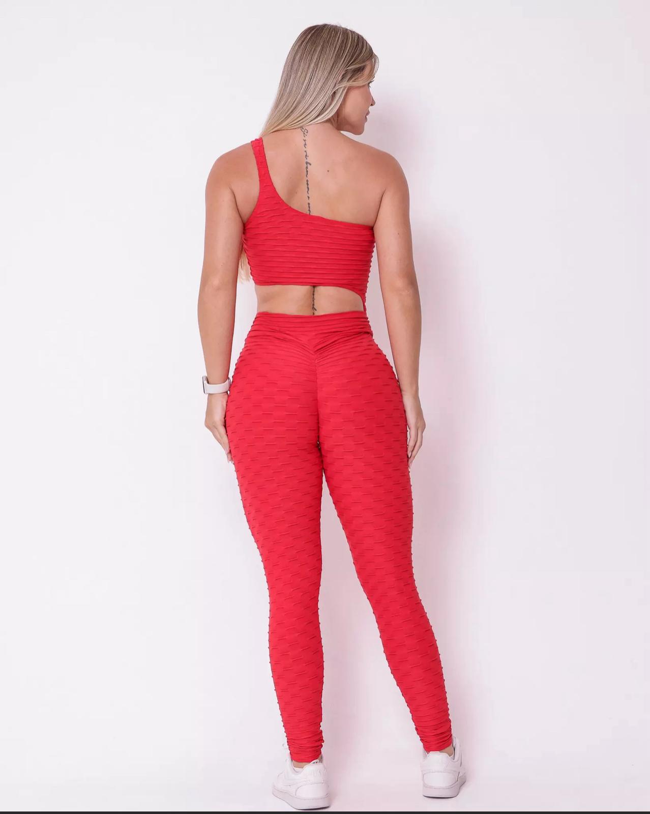 Macacão Fitness Vermelho Texturizado com Top e Legging - Imagem 3
