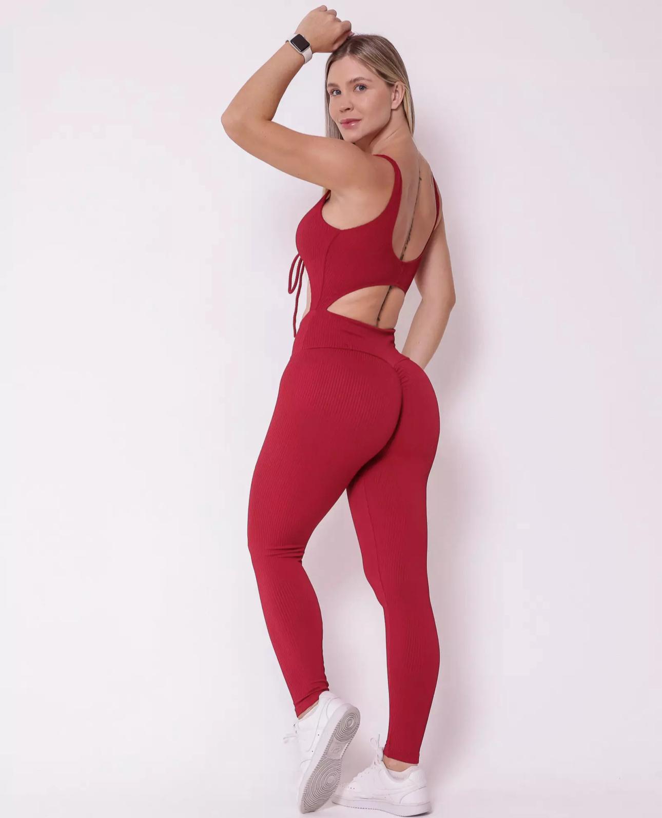 Macacão Fitness Marsala Canelle com Top Amarrado e Recorte - Imagem 3