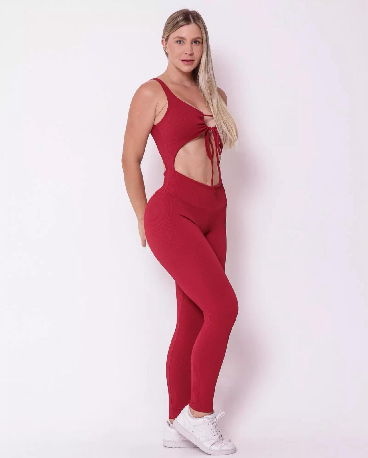 Macacão Fitness Marsala Canelle com Top Amarrado e Recorte - Imagem 4