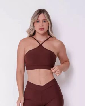 Conjunto Fitness Marrom com Top Cropped e Legging Cintura Alta