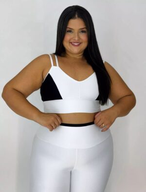 Conjunto G Fitness Branco e Preto com Top Cropped e Legging Cintura Alta
