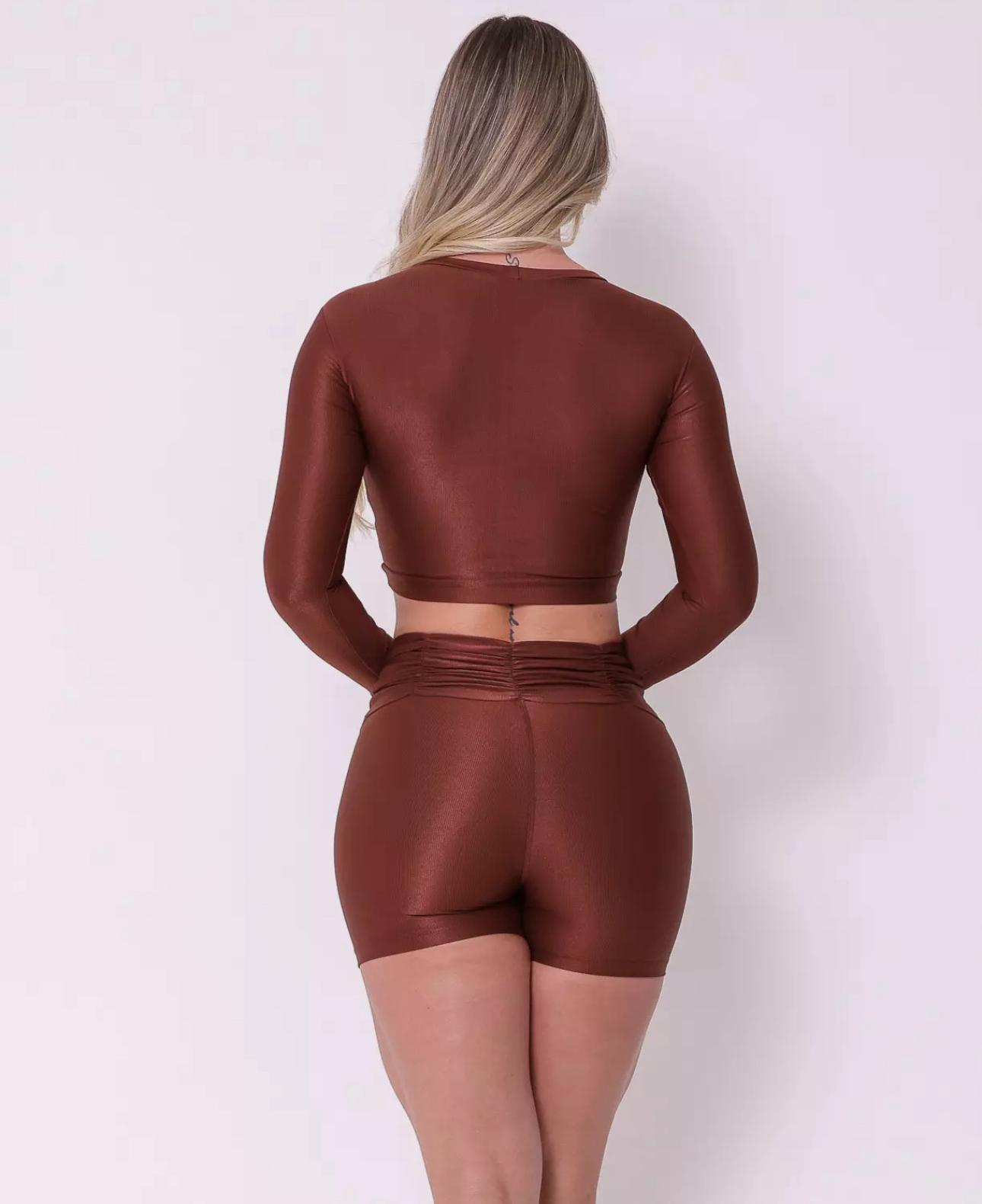 Conjunto Fitness Bermuda Marrom Frisado na Cintura Compressão Texturizado - Imagem 5