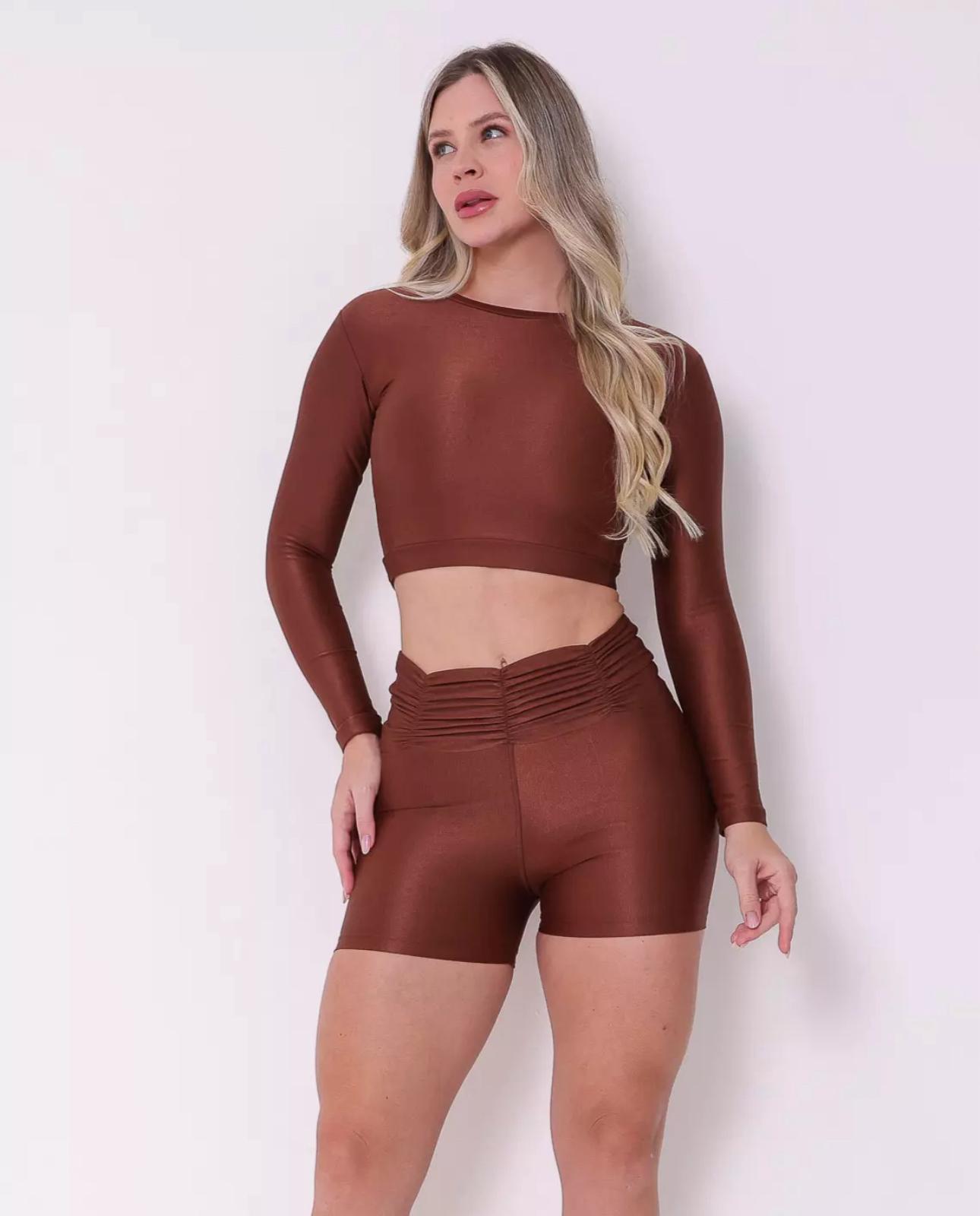 Conjunto Fitness Bermuda Marrom Frisado na Cintura Compressão Texturizado - Imagem 2