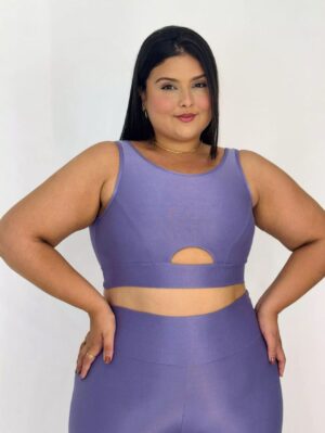 Conjunto Fitness G Lilás com Recorte no Top Compressão Texturizado