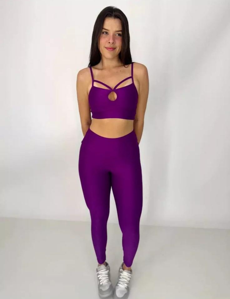 Conjunto Fitness Fúcsia: Legging Básica Compressão + Top Bia