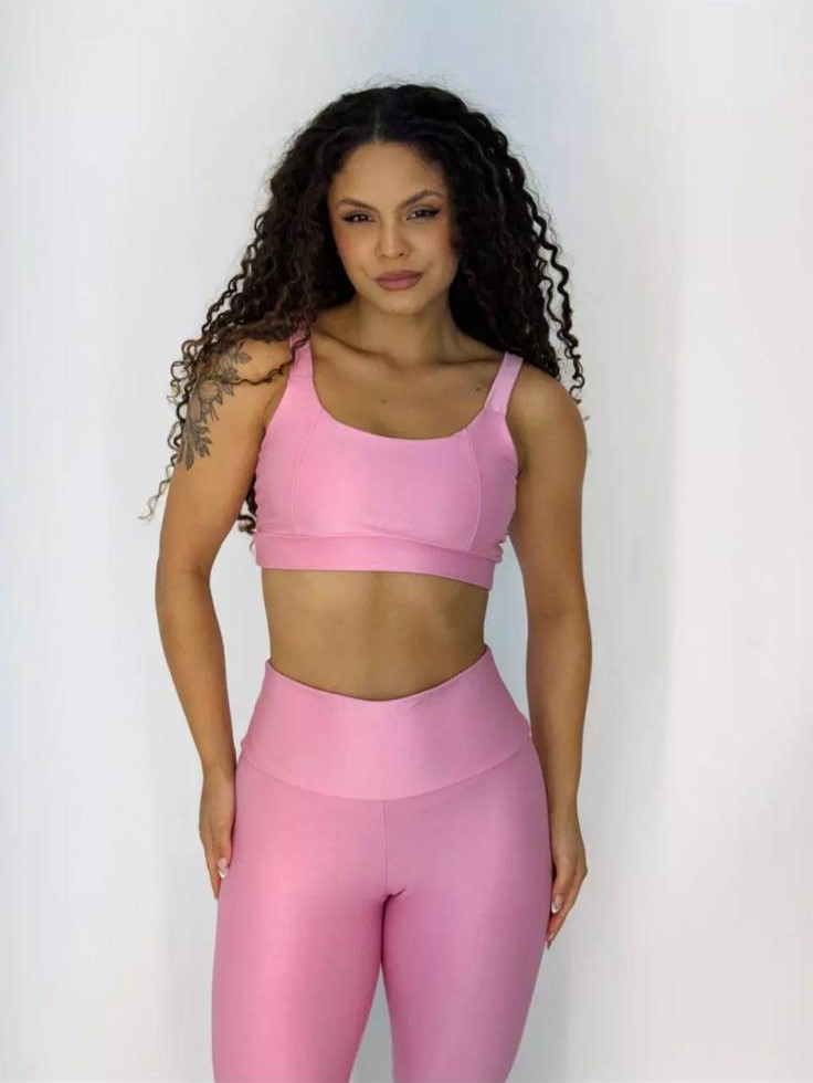 Conjunto Fitness Rosa Bebê: Legging Básica Compressão + Top Mirela - Imagem 4