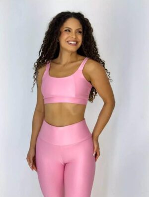 Conjunto Fitness Rosa Bebê: Legging Básica Compressão + Top Mirela