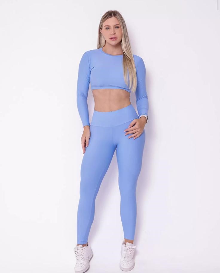 Conjunto Fitness Azul Pop Candy: Calça Legging Básica Light + Top Maria