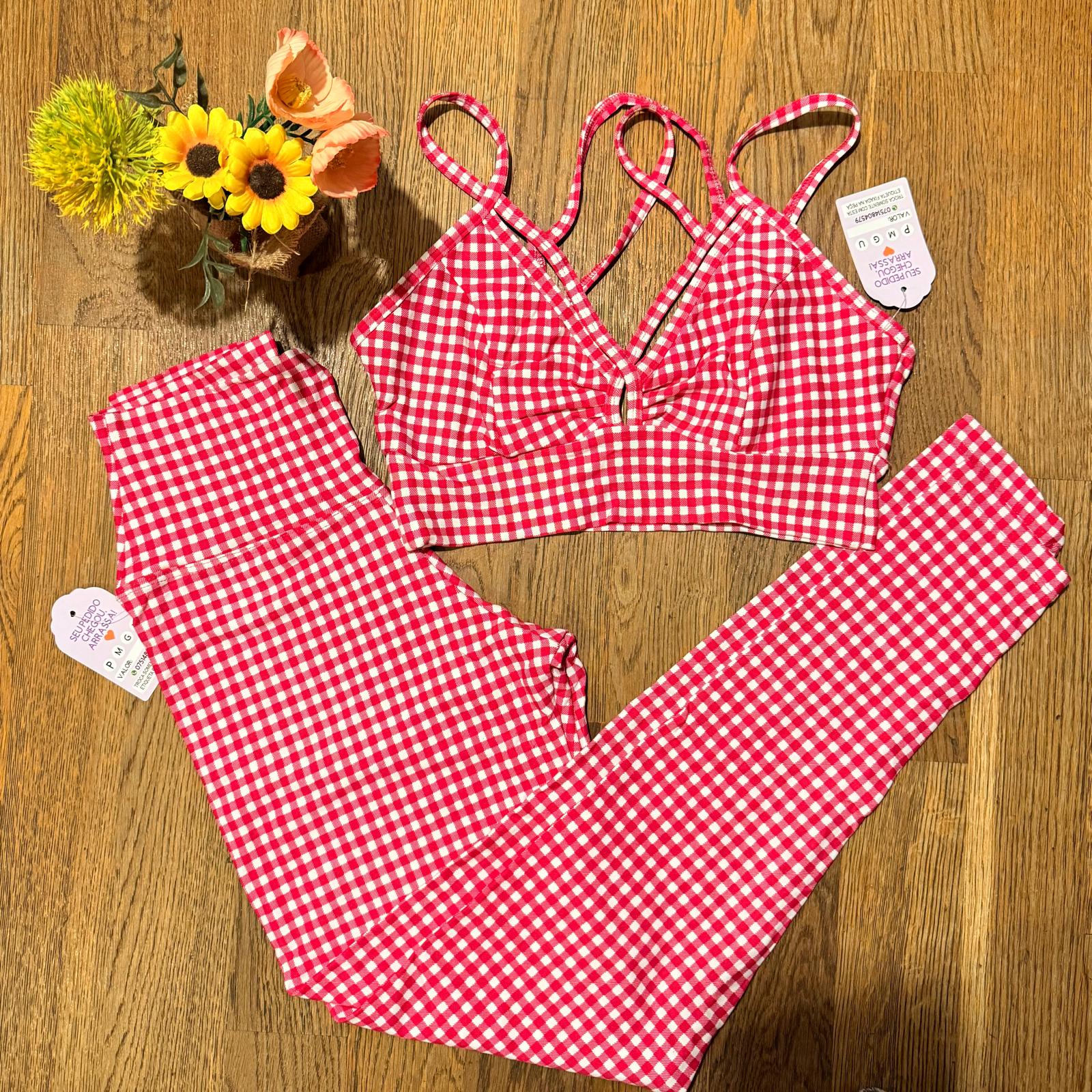 Conjunto Legging – Xadrez Vermelho e Branco