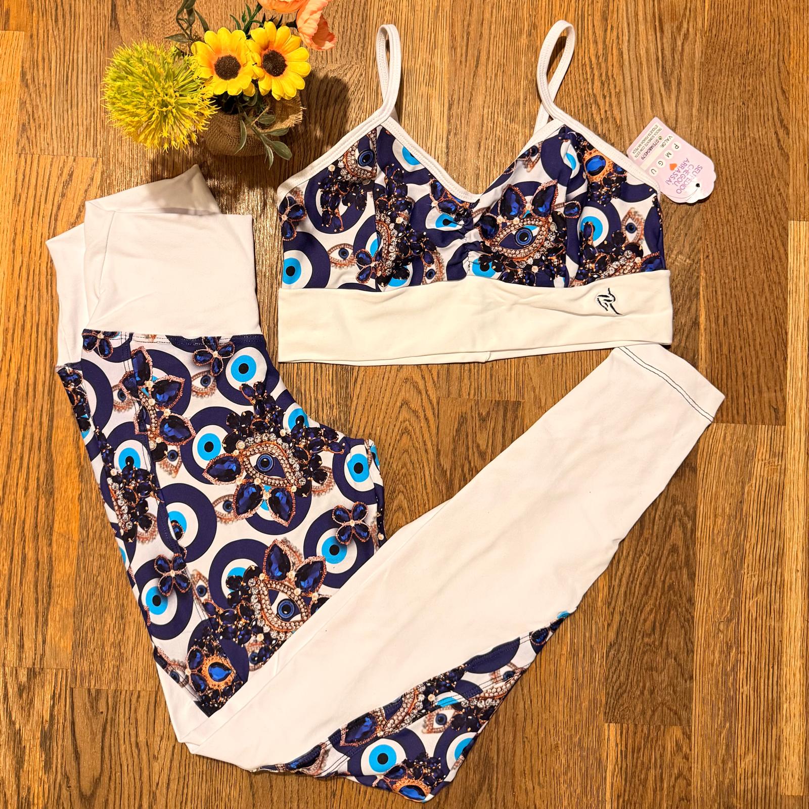 Conjunto Legging – Olho Grego Azul e Branco